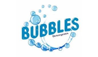 Bubbles text in blue on white background with blue bubbles floating around and detergents in black text