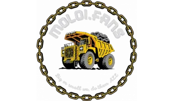 Circular Moloi Fans logo with a stylised yellow heavy-duty dump truck illustration in the middle. The logo is bordered by a chain ring, with ‘MOLOI FANS’ written at the top and the slogan ‘Big or small we do them all’ curved along the bottom.