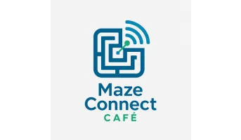 Maze Connect Café logo featuring a stylized Wi-Fi signal forming part of a circular maze design, with modern text that reads 'Maze Connect Café' below. The design represents digital connectivity and simplicity