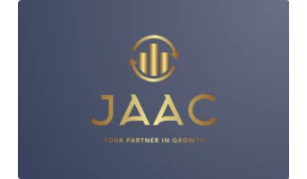 JAAC logo featuring a gold circular icon with upward bar chart and arrows, symbolizing growth and financial progress, above the bold gold text “JAAC”. Below is the tagline: “Your Partner in Growth” in gold and white on a dark blue background.