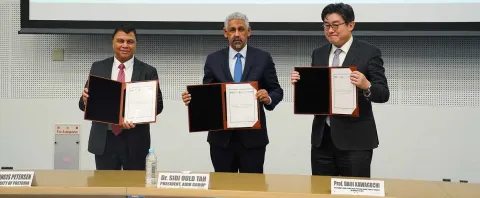 (l-r) Dr Francis Petersen, Vice-Chancellor and Principal, University of Pretoria; Dr Sidi Ould Tah, African Development Bank Group President and Prof Daiji Kawaguchi, Dean, Graduate School of Public Policy, The University of Tokyo, pose together following the signing of a joint statement on the rollout of the Africa-Asia (A-A) Platform. Tokyo, Japan. 14 November, 2025