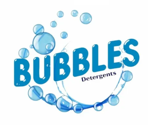 Bubbles text in blue on white background with blue bubbles floating around and detergents in black text