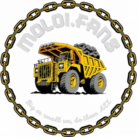 Circular Moloi Fans logo with a stylised yellow heavy-duty dump truck illustration in the middle. The logo is bordered by a chain ring, with ‘MOLOI FANS’ written at the top and the slogan ‘Big or small we do them all’ curved along the bottom.