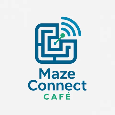Maze Connect Café logo featuring a stylized Wi-Fi signal forming part of a circular maze design, with modern text that reads 'Maze Connect Café' below. The design represents digital connectivity and simplicity
