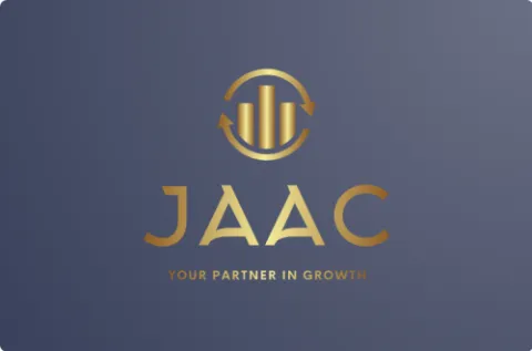 JAAC logo featuring a gold circular icon with upward bar chart and arrows, symbolizing growth and financial progress, above the bold gold text “JAAC”. Below is the tagline: “Your Partner in Growth” in gold and white on a dark blue background.